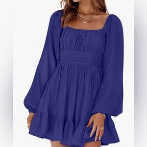 Dokotoo Royal Blue Long Sleeve Square Neck Tie BackDress Ruffle Dress Sz Small